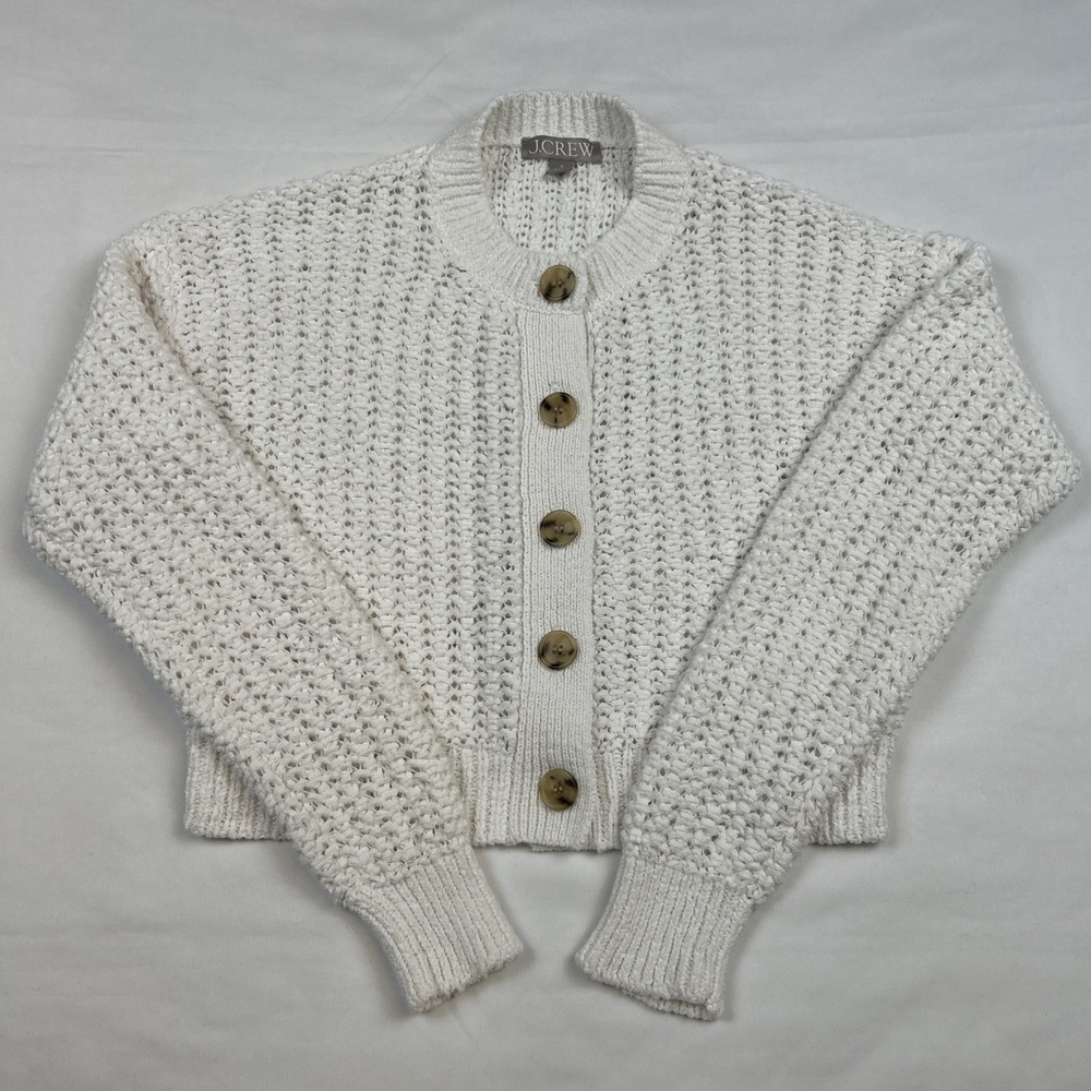 J.Crew Crochet Cropped Cardigan Sz Small White Cotton Blend Sweater Lace